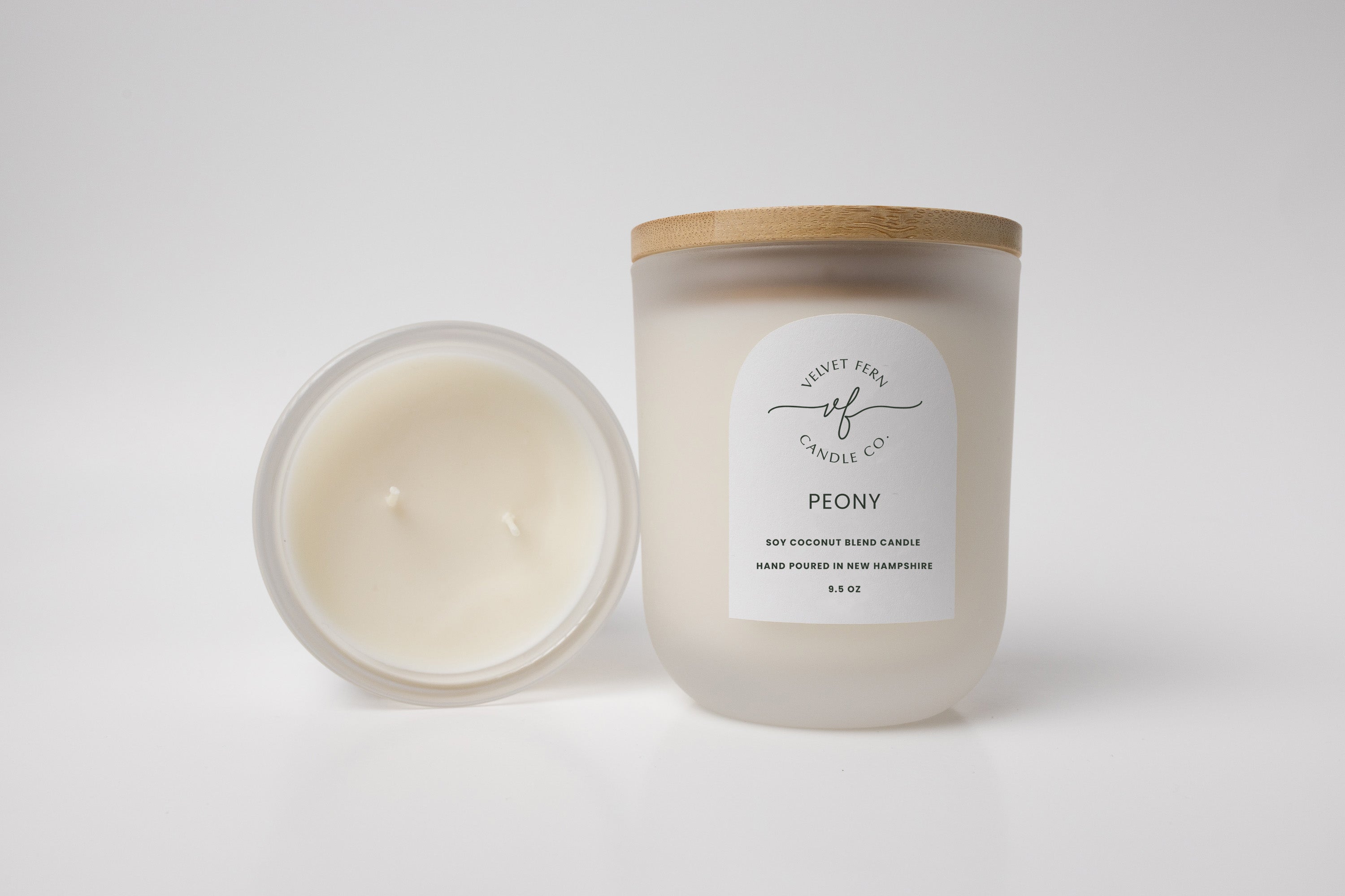 Peony scented soy blend candle.